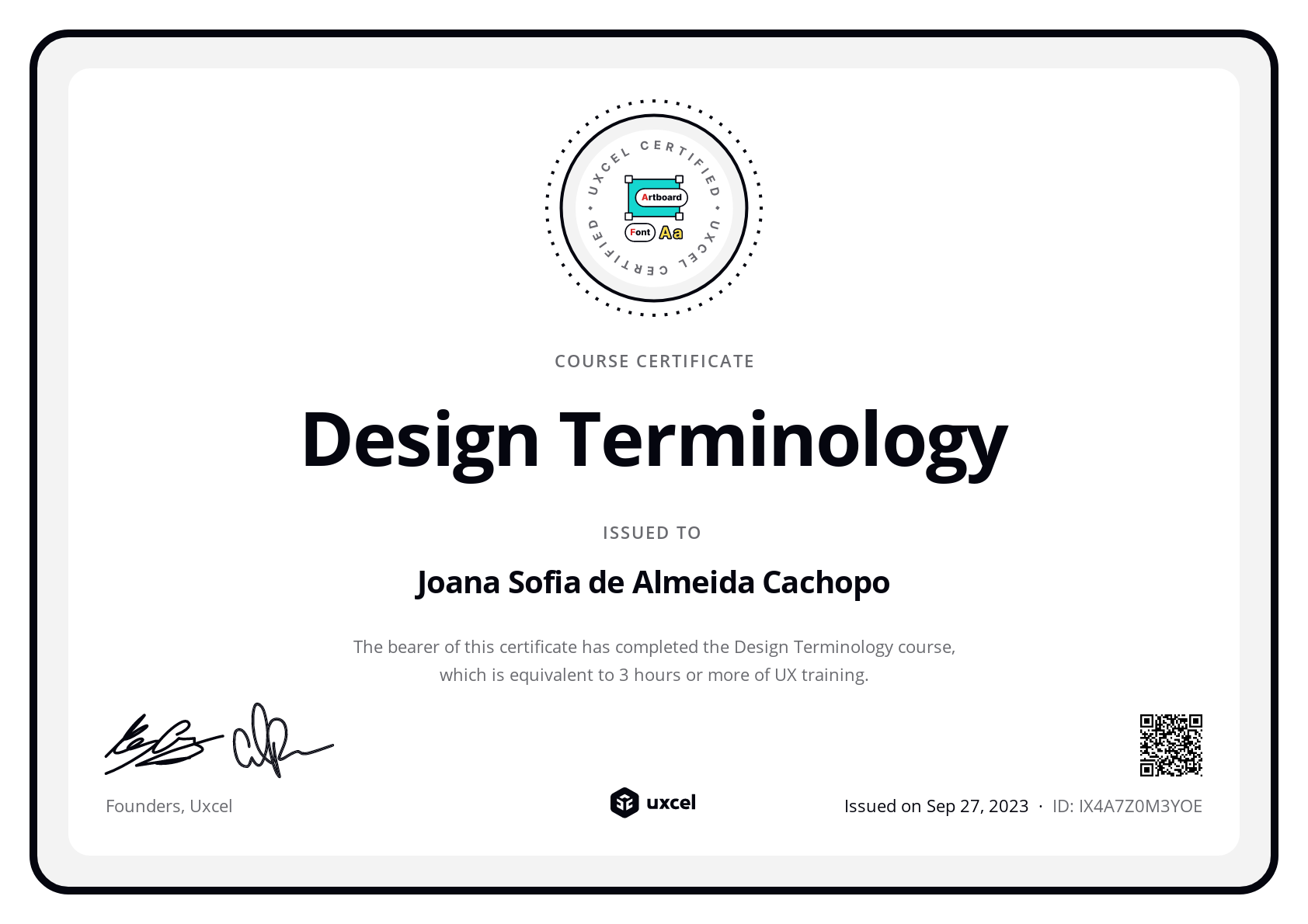 Joana Sofia de Almeida Cachopo's certificate